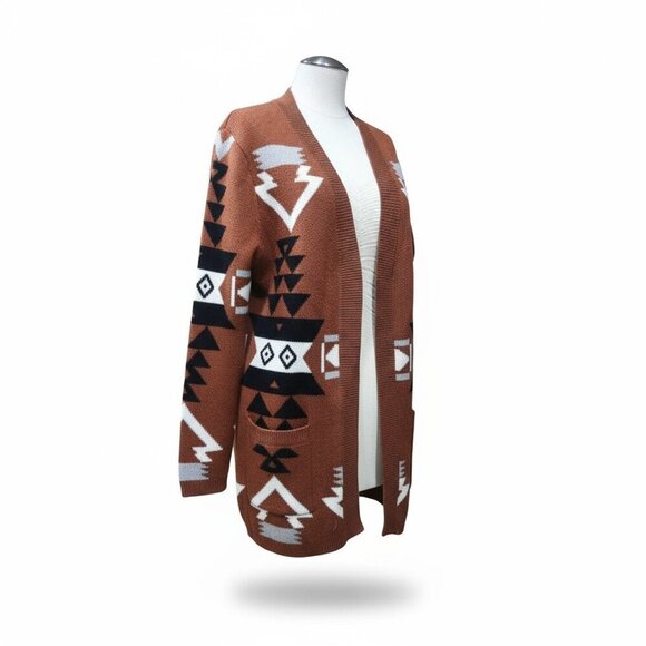 Chouyatou Aztec Cardigan Brown Southwest Open Front Sweater Size S - Picture 1 of 7